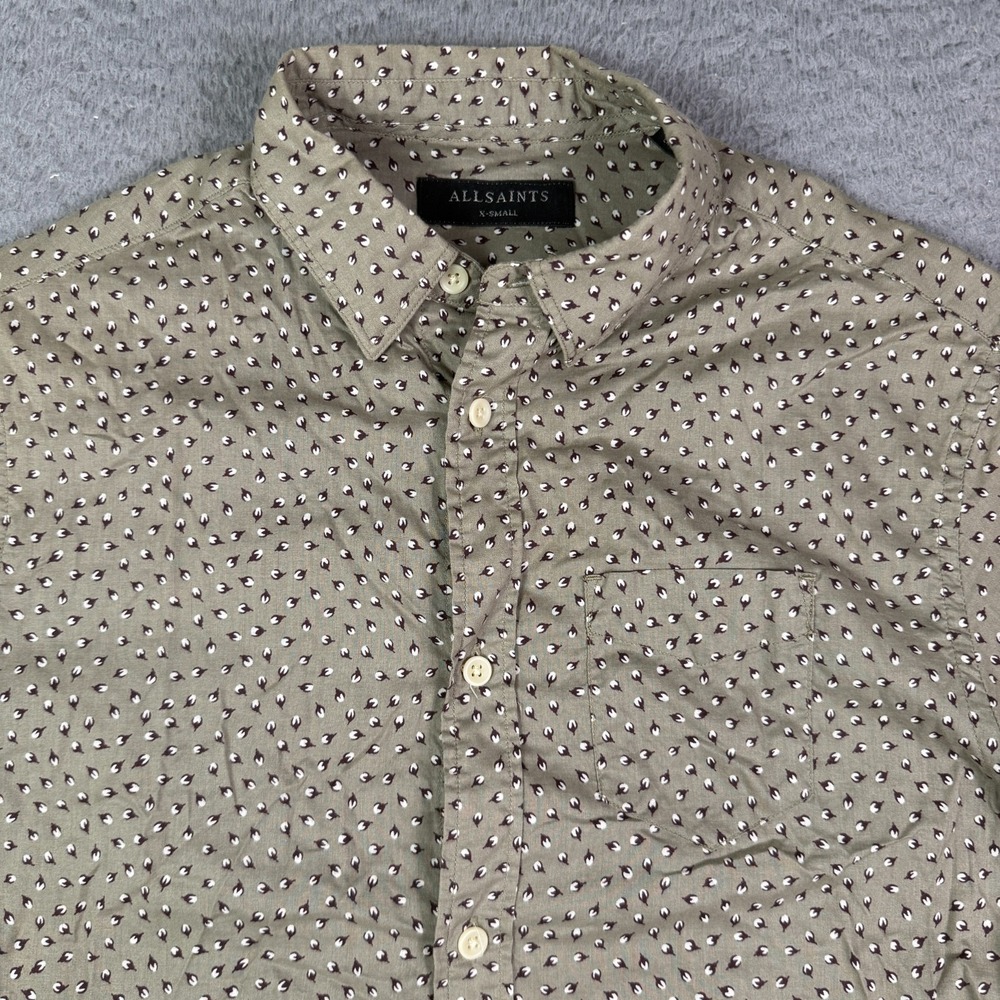 AllSaints Bulb Short Sleeve Button Up Shirt Mens XS Khaki Green Geometric